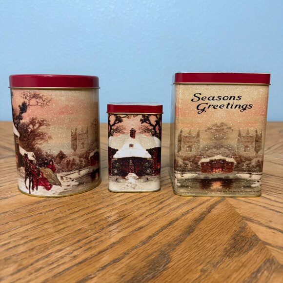 Set of 3 Vintage Metal Christmas Canisters Food Safe Holiday Storage Tins - Picture 3 of 13